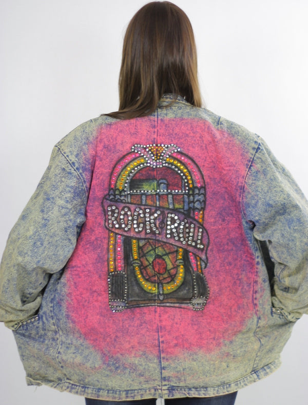 80s acid wash denim jacket tie dye Jukebox Studded Rock N Roll - shabbybabe
 - 1