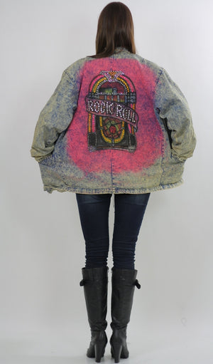 80s acid wash denim jacket tie dye Jukebox Studded Rock N Roll - shabbybabe
 - 3