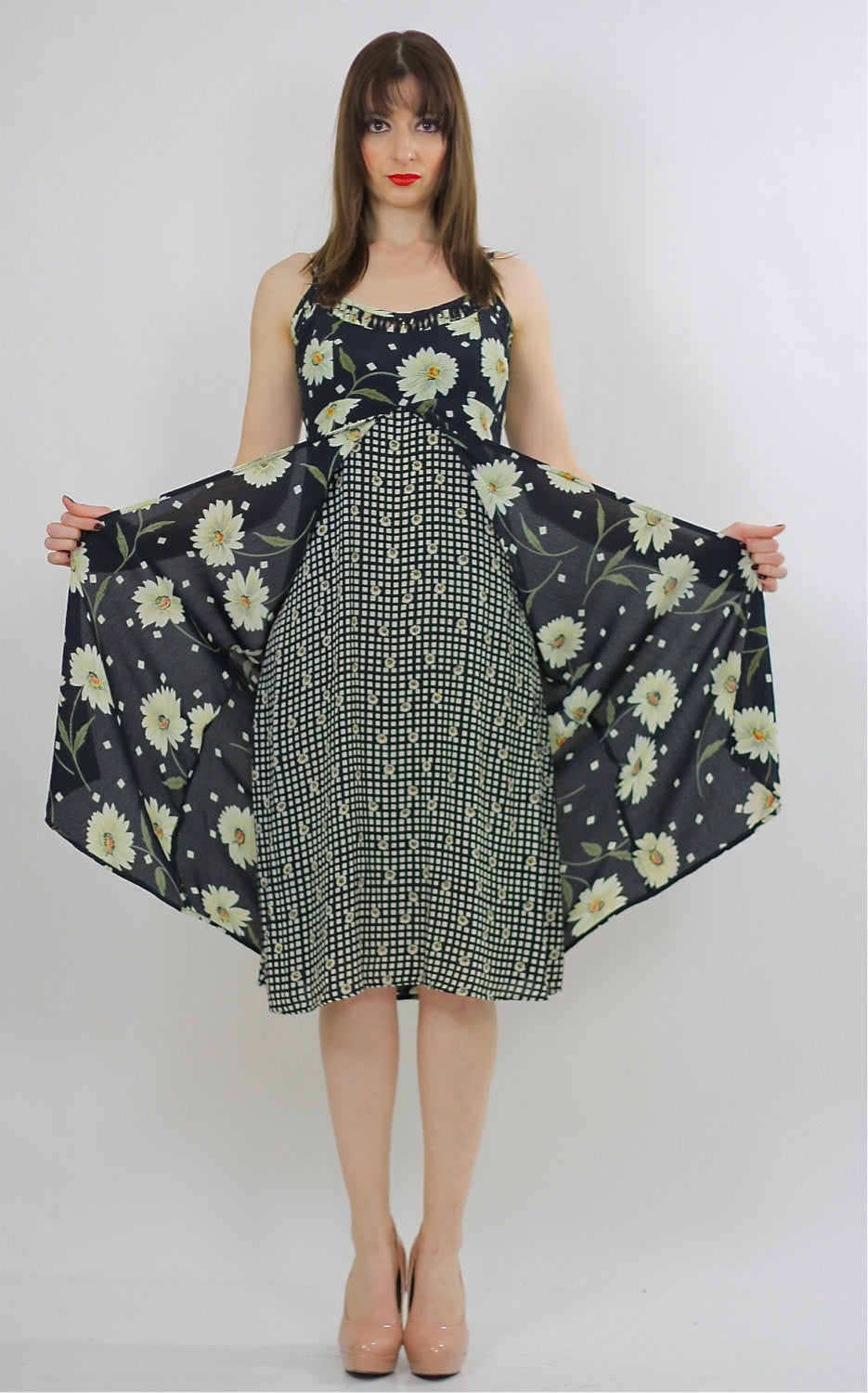 Vintage 90s grunge sunflower dress Boho patchwork sundress tiered sleeveless S/M