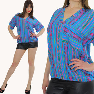 Tribal shirt Ethnic woven tunic Vintage 70s Hippie Boho abstract Gypsy kimono short sleeve striped Dashiki Deep V Embroidered Medium - shabbybabe
 - 2