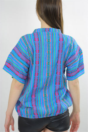 Tribal shirt Ethnic woven tunic Vintage 70s Hippie Boho abstract Gypsy kimono short sleeve striped Dashiki Deep V Embroidered Medium - shabbybabe
 - 3