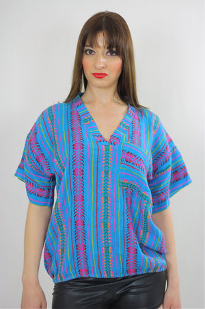 Tribal shirt Ethnic woven tunic Vintage 70s Hippie Boho abstract Gypsy kimono short sleeve striped Dashiki Deep V Embroidered Medium - shabbybabe
 - 1