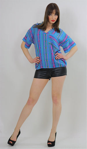 Tribal shirt Ethnic woven tunic Vintage 70s Hippie Boho abstract Gypsy kimono short sleeve striped Dashiki Deep V Embroidered Medium - shabbybabe
 - 4