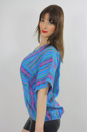 Tribal shirt Ethnic woven tunic Vintage 70s Hippie Boho abstract Gypsy kimono short sleeve striped Dashiki Deep V Embroidered Medium - shabbybabe
 - 5