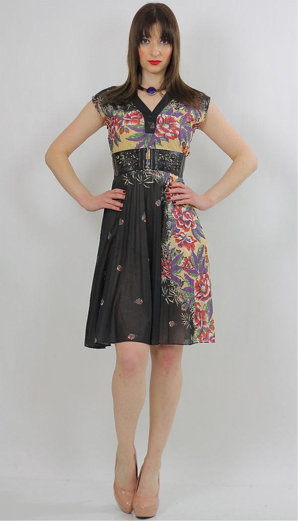 80s High waist Sheer floral border design dress - shabbybabe
 - 1
