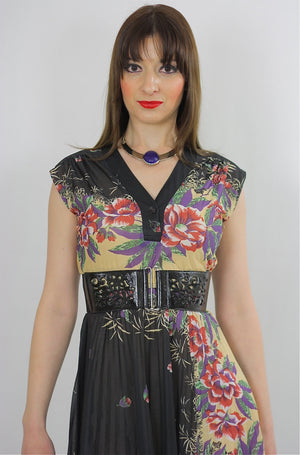 80s High waist Sheer floral border design dress - shabbybabe
 - 4