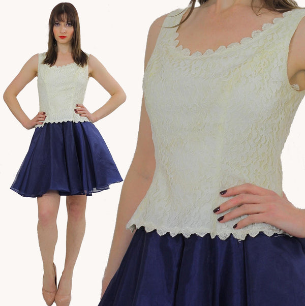 Lace Mini Dress 60s Navy Blue party dress  Vintage 1960s Sheer Full Skirt sleeveless dress scallop neckline color block low waist Medium M - shabbybabe
 - 1