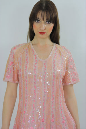 Sequin Dress sheer beaded striped floral silk embroidered shift short sleeve Metallic Vintage 1980s Mod Large - shabbybabe
 - 4