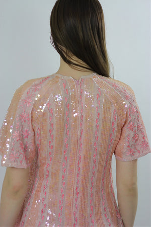 Sequin Dress sheer beaded striped floral silk embroidered shift short sleeve Metallic Vintage 1980s Mod Large - shabbybabe
 - 5