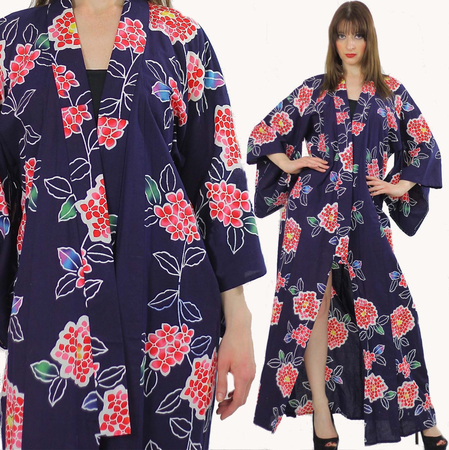 Japanese Kimono Robe abstract floral Vintage 70s Navy asian ethnic festival Maxi dress Cotton Large