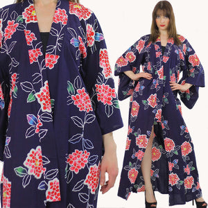 Japanese Kimono Robe abstract floral Vintage 70s  Navy asian ethnic festival Maxi dress Cotton Large - shabbybabe
 - 1