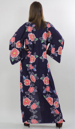 Japanese Kimono Robe abstract floral Vintage 70s  Navy asian ethnic festival Maxi dress Cotton Large - shabbybabe
 - 3