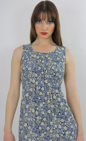 Grunge Blue white floral dress pleated sleeveless sundress  S - shabbybabe
 - 1