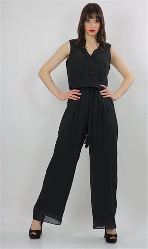 80s high waist Black gypsy wide leg Palazzo jumpsuit M - shabbybabe
 - 1