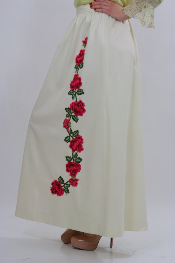 White floral skirt embroidered boho dress vintage 1970s rose appliqu̩ cocktail party roses motif Medium - shabbybabe
 - 1