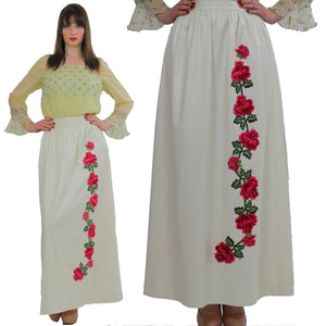 White floral skirt embroidered boho dress vintage 1970s rose appliqu̩ cocktail party roses motif Medium - shabbybabe
 - 3