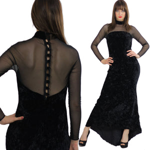 sheer goth dress boho maxi velvet partyVintage 1990s gothic body con lace net boho cocktail open back button up gown Medium - shabbybabe
 - 2
