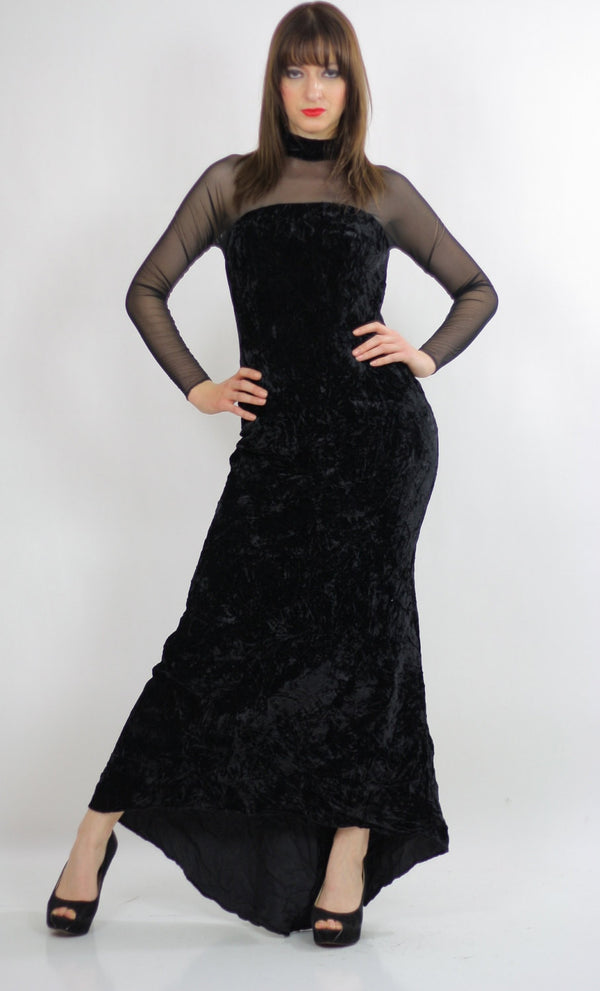 sheer goth dress boho maxi velvet partyVintage 1990s gothic body con lace net boho cocktail open back button up gown Medium - shabbybabe
 - 1