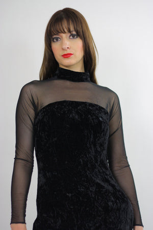 sheer goth dress boho maxi velvet partyVintage 1990s gothic body con lace net boho cocktail open back button up gown Medium - shabbybabe
 - 4