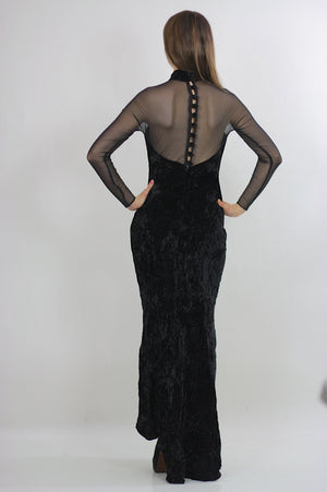sheer goth dress boho maxi velvet partyVintage 1990s gothic body con lace net boho cocktail open back button up gown Medium - shabbybabe
 - 3