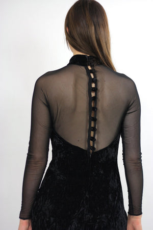 sheer goth dress boho maxi velvet partyVintage 1990s gothic body con lace net boho cocktail open back button up gown Medium - shabbybabe
 - 5