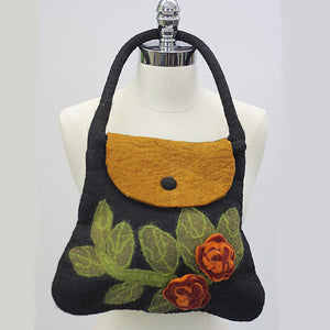 Hippie purse Vintage Boho handbag Art bag Floral crafted handbag Wool hippie handbag Black floral bag - shabbybabe
 - 1