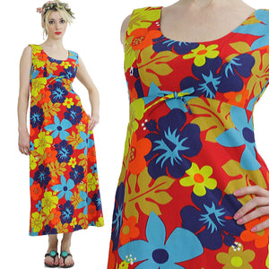 Tropical dress Boho Hippie 1970s neon floral maxi Festival sleeveless Sundress Empire Waist Medium - shabbybabe
 - 2