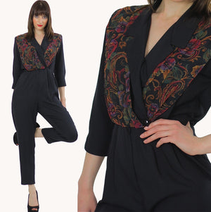 paisley jumpsuit Hippie Boho wrap surplus romper 1980s black criss cross long sleeve high waist tapered leg  Deep V romper jumpsuit Small M - shabbybabe
 - 1