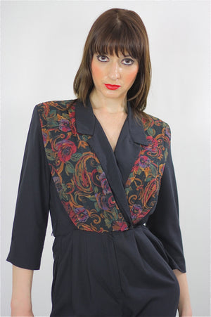 paisley jumpsuit Hippie Boho wrap surplus romper 1980s black criss cross long sleeve high waist tapered leg  Deep V romper jumpsuit Small M - shabbybabe
 - 4