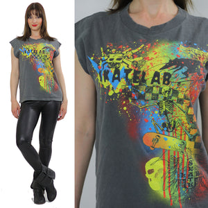 Vintage Skatelab Tshirt  skateboard tee shirt neon skateboard skull Tshirt tee shirt XL cotton cutoff tee shirt - shabbybabe
 - 1