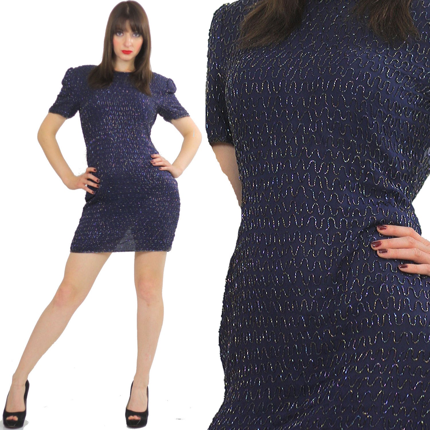 Sequin beaded dress Navy blue Vintage 80s little black cocktail party retro wiggle dress - shabbybabe Sequin beaded dress Navy blue Vintage 80s little black cocktail party retro wiggle dress - shabbybabe