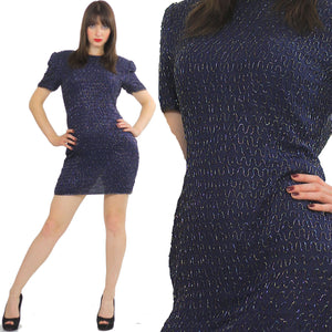 Sequin beaded dress Navy blue Vintage 80s little black cocktail party Mod retro short sleeve wiggle  Small - shabbybabe
 - 1