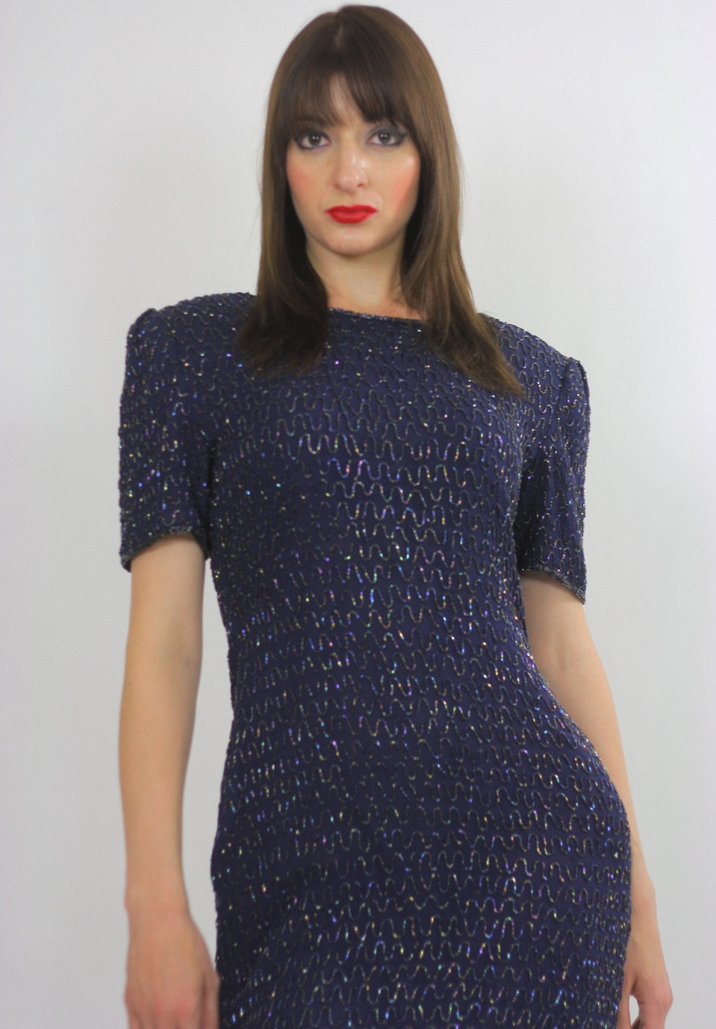 Sequin beaded dress Navy blue Vintage 80s little black cocktail party retro wiggle dress - shabbybabe Sequin beaded dress Navy blue Vintage 80s little black cocktail party retro wiggle dress - shabbybabe