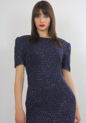 Sequin beaded dress Navy blue Vintage 80s little black cocktail party Mod retro short sleeve wiggle  Small - shabbybabe
 - 4