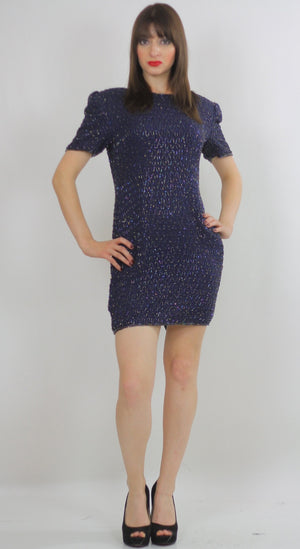 Sequin beaded dress Navy blue Vintage 80s little black cocktail party Mod retro short sleeve wiggle  Small - shabbybabe
 - 2