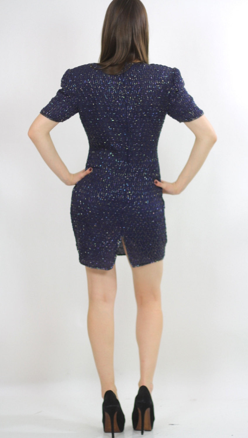 Sequin beaded dress Navy blue Vintage 80s little black cocktail party retro wiggle dress - shabbybabe Sequin beaded dress Navy blue Vintage 80s little black cocktail party retro wiggle dress - shabbybabe