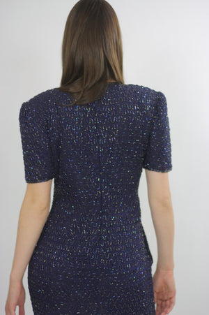 Sequin beaded dress Navy blue Vintage 80s little black cocktail party Mod retro short sleeve wiggle  Small - shabbybabe
 - 5