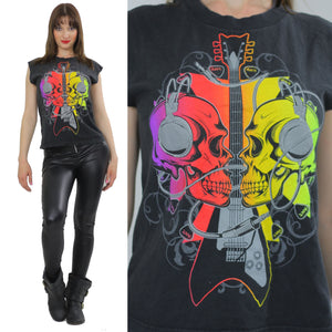 Skull shirt Guitar Print Neon yellow red Rocker black T shirt Festival sleeveless tank top Extra Large - shabbybabe
 - 1
