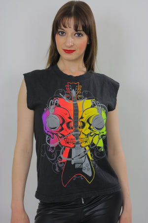 Skull shirt Guitar Print Neon yellow red Rocker black T shirt Festival sleeveless tank top Extra Large - shabbybabe
 - 3