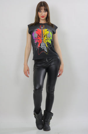 Skull shirt Guitar Print Neon yellow red Rocker black T shirt Festival sleeveless tank top Extra Large - shabbybabe
 - 2