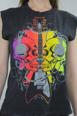 Skull shirt Guitar Print Neon yellow red Rocker black T shirt Festival sleeveless tank top Extra Large - shabbybabe
 - 4