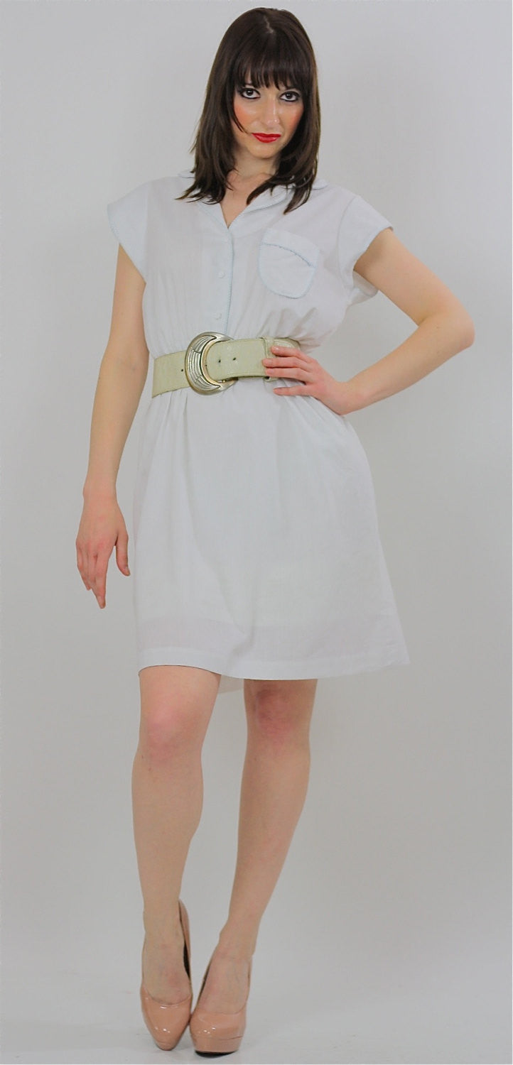 80s mini dress White button up mini dress sheer 80s boho summer sundress M