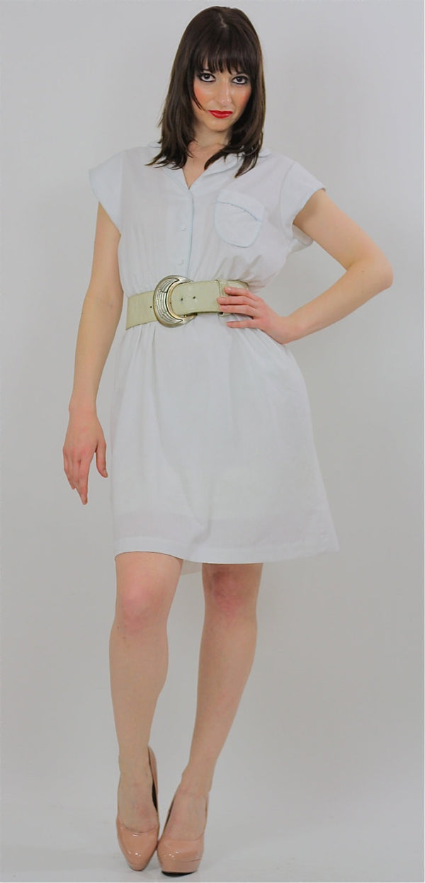 White button up Mini Dress Boho Sun Dress Sheer Button Dress Vintage 80s Mini Dress Secretary mini  Dress Summer Dress Size M - shabbybabe
 - 1
