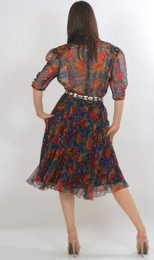 Sheer button up dress Abstract mini dress Boho mini dress Full skirt dress pleated dress high waist dress Bold floral dress M - shabbybabe
 - 3