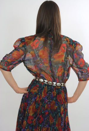 Sheer button up dress Abstract mini dress Boho mini dress Full skirt dress pleated dress high waist dress Bold floral dress M - shabbybabe
 - 5