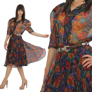 Sheer button up dress Abstract mini dress Boho mini dress Full skirt dress pleated dress high waist dress Bold floral dress M - shabbybabe
 - 2