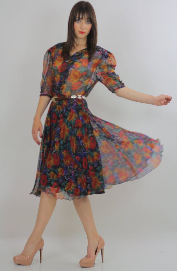 Sheer button up dress Abstract mini dress Boho mini dress Full skirt dress pleated dress high waist dress Bold floral dress M - shabbybabe
 - 1