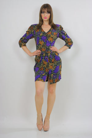 80s fitted purple floral wiggle mini dress - shabbybabe
 - 3