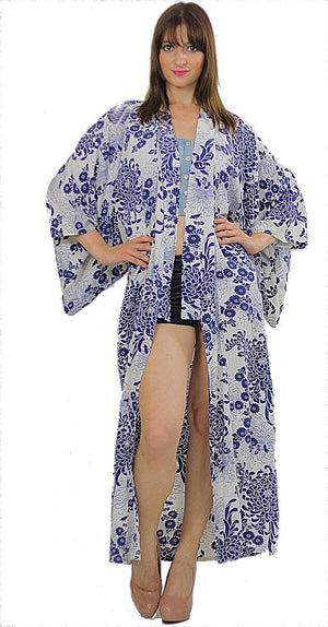 Vintage Kimono robe Blue floral Asian Japanese Boho - shabbybabe
 - 1