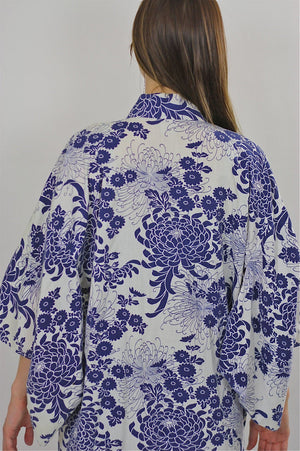 Vintage Kimono robe Blue floral Asian Japanese Boho - shabbybabe
 - 4